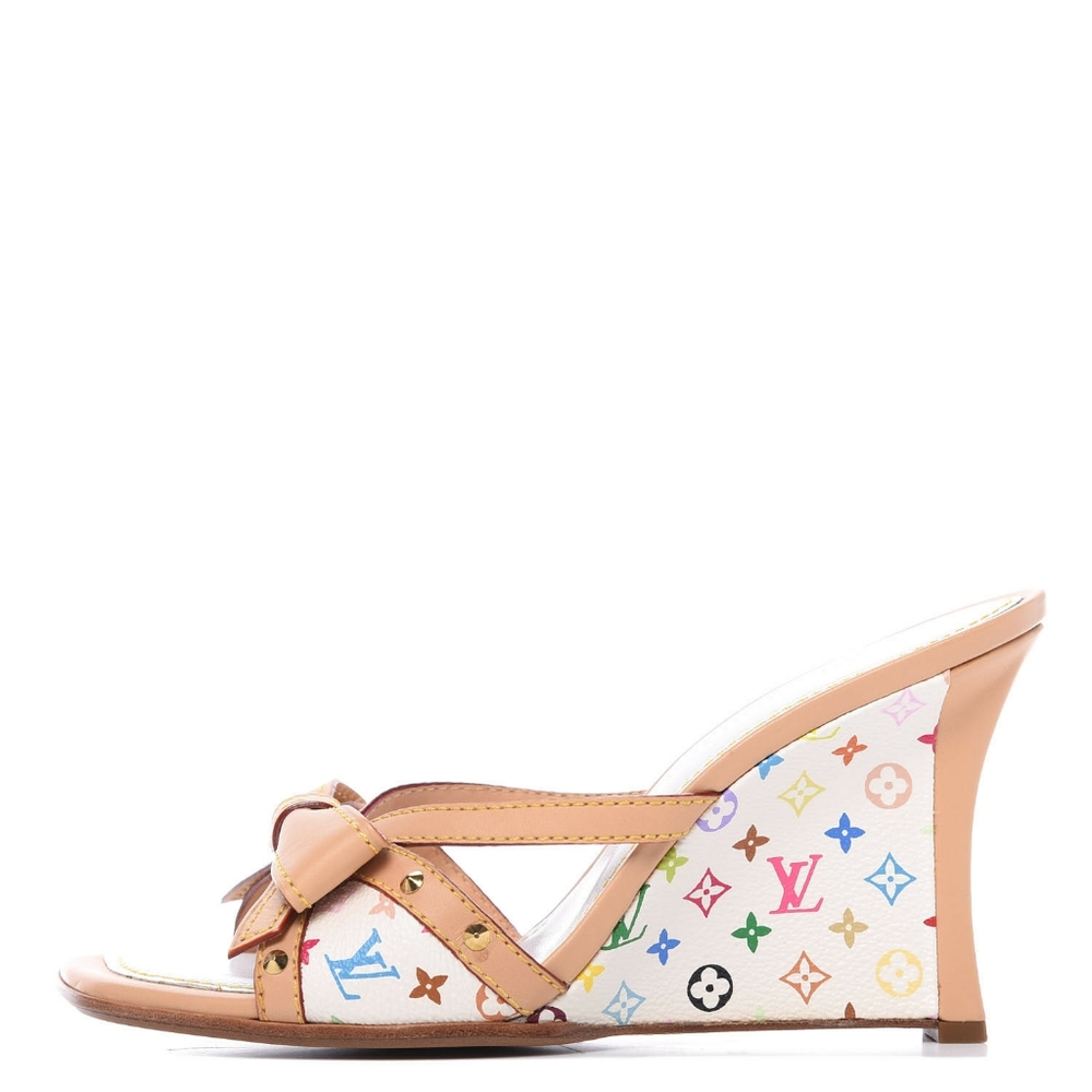 LOUIS VUITTON WHITE MULTI-COLOR LV MONOGRAM WEDGE SANDALS